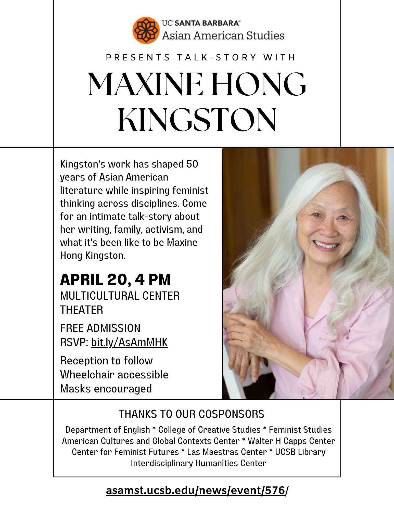 Flyer for a Talk-Story event with Maxine Hong Kingston on April 20th at 4PM. Kingston is pictured, smiling and looking to camera. 